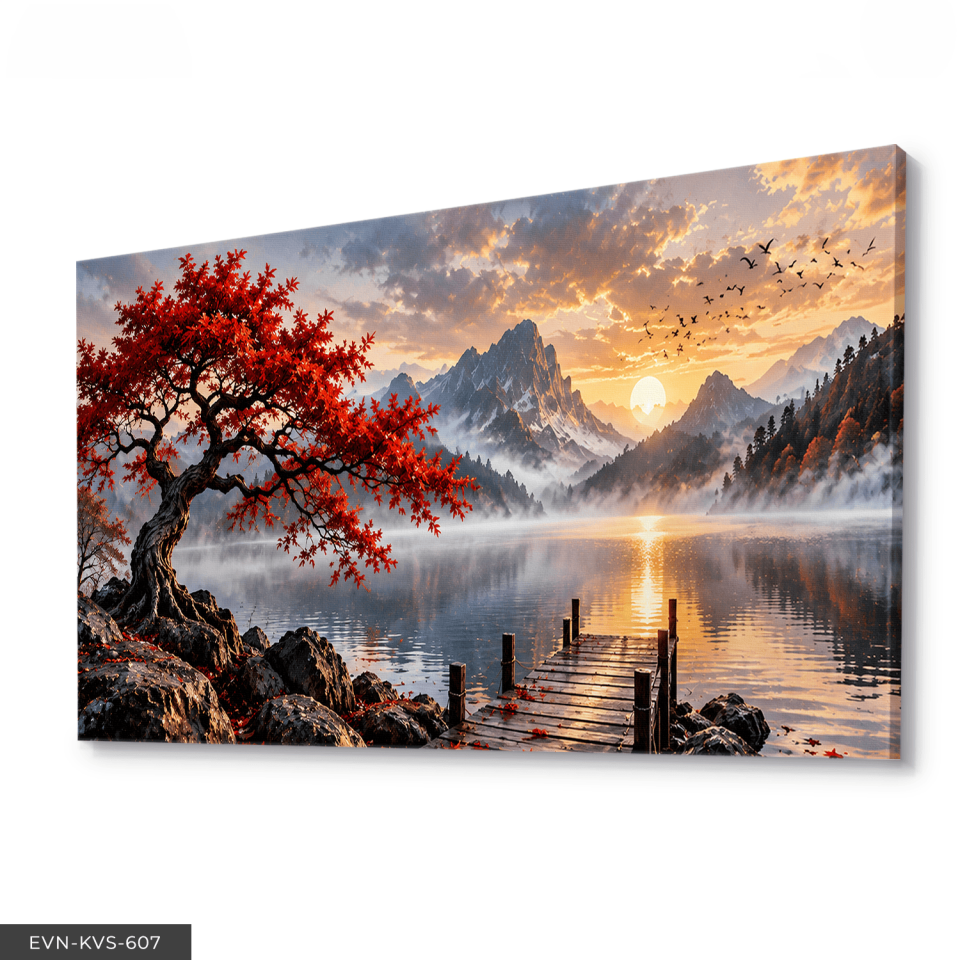 Göl Kenarında Kırmızı Ağaç ve Gün Batımı Tek Parça Kanvas - Canvas Tablo