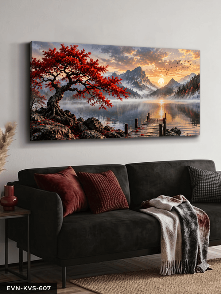 Göl Kenarında Kırmızı Ağaç ve Gün Batımı Tek Parça Kanvas - Canvas Tablo