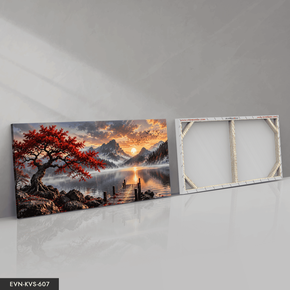 Göl Kenarında Kırmızı Ağaç ve Gün Batımı Tek Parça Kanvas - Canvas Tablo