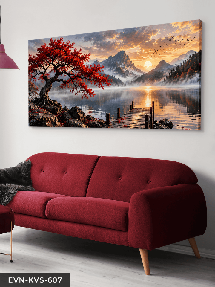 Göl Kenarında Kırmızı Ağaç ve Gün Batımı Tek Parça Kanvas - Canvas Tablo