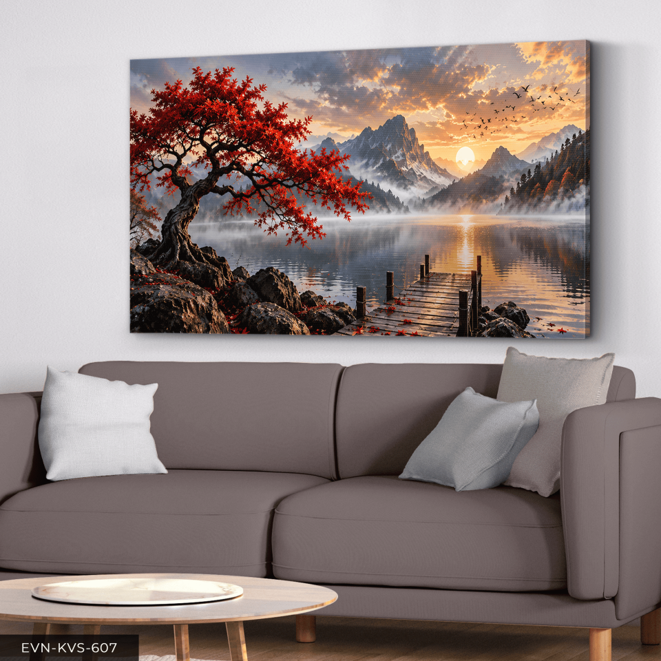 Göl Kenarında Kırmızı Ağaç ve Gün Batımı Tek Parça Kanvas - Canvas Tablo