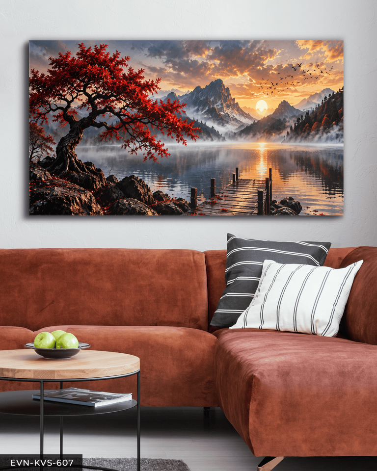 Göl Kenarında Kırmızı Ağaç ve Gün Batımı Tek Parça Kanvas - Canvas Tablo