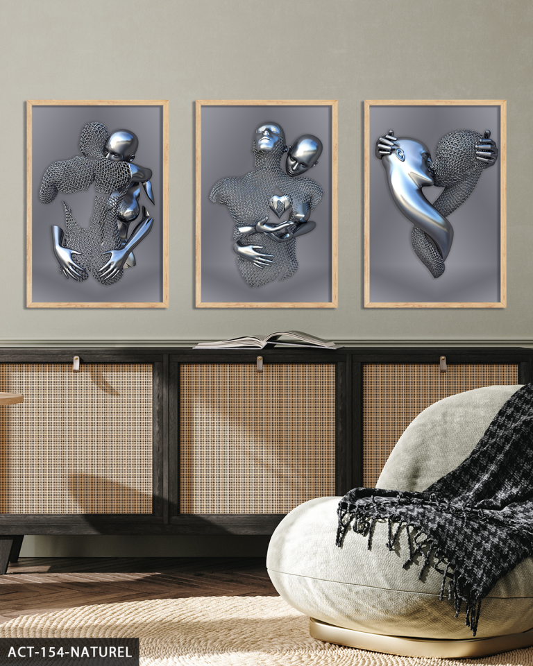 Modern Birleşme Aşk Temalı Sanatsal 3 Parça Ahşap Çerçeveli Tablo Naturel - 50 x 70 CM