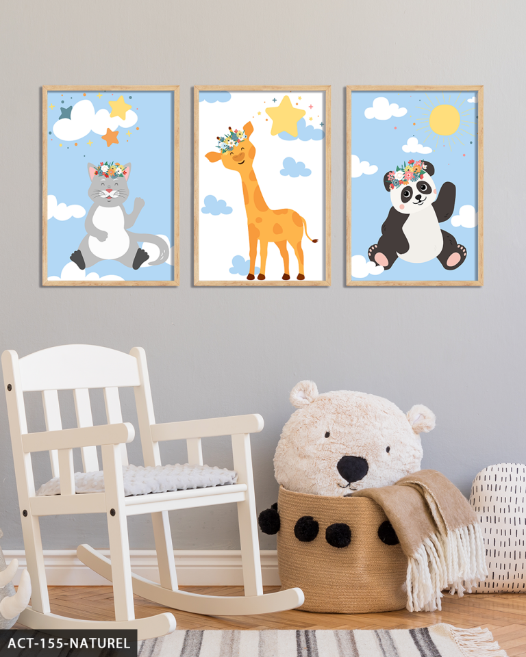 Küçük Kedi Panda ve Zürafa 3 Parça Ahşap Çerçeveli Tablo ACT Naturel - 50 x 70 CM