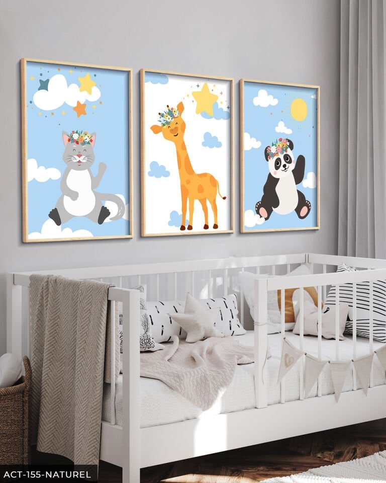 Küçük Kedi Panda ve Zürafa 3 Parça Ahşap Çerçeveli Tablo ACT Naturel - 50 x 70 CM