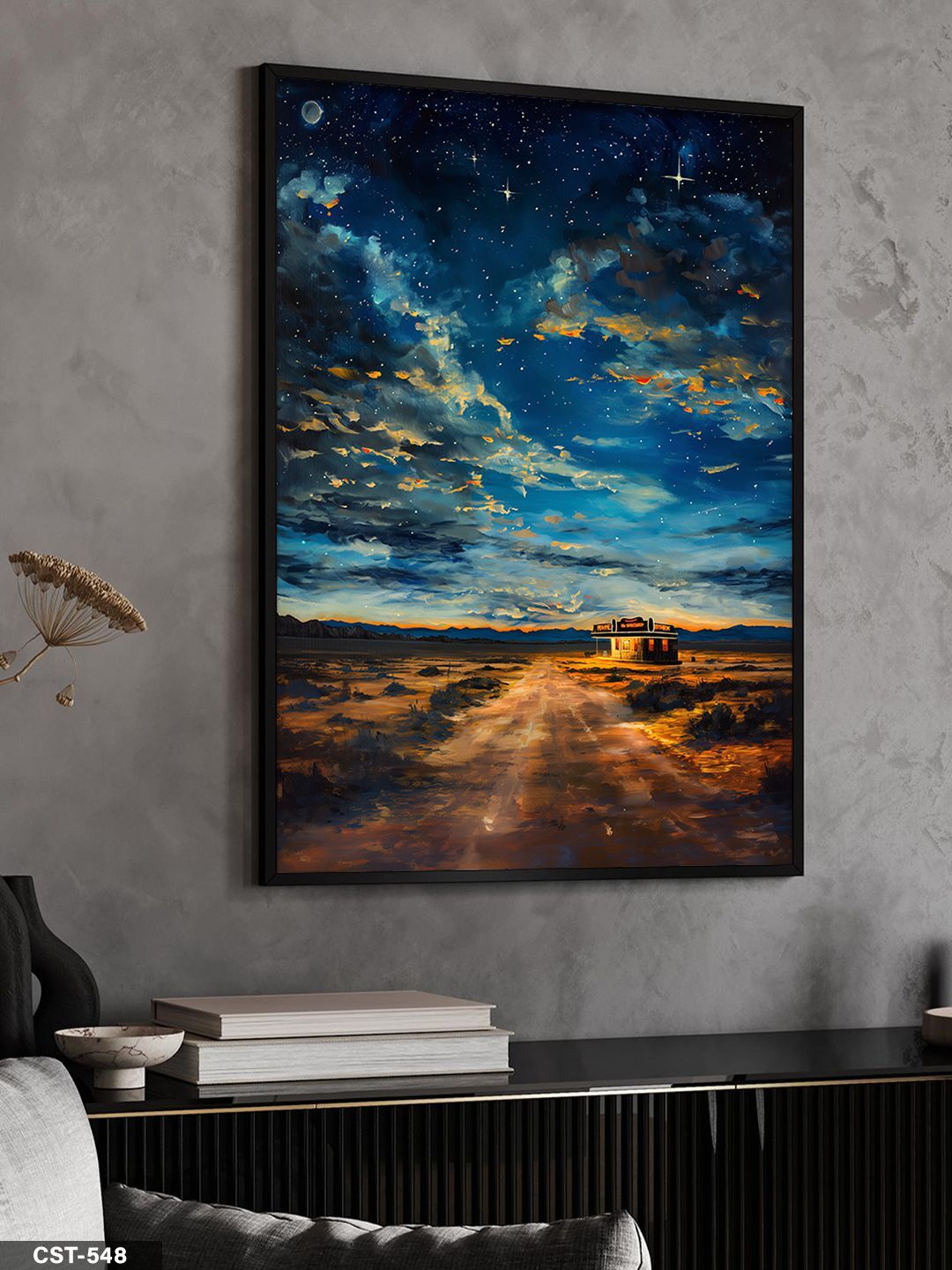 Yıldızlı Gece Tek Parça Ahşap Çerçeveli Tablo Siyah - 20 x 30 CM