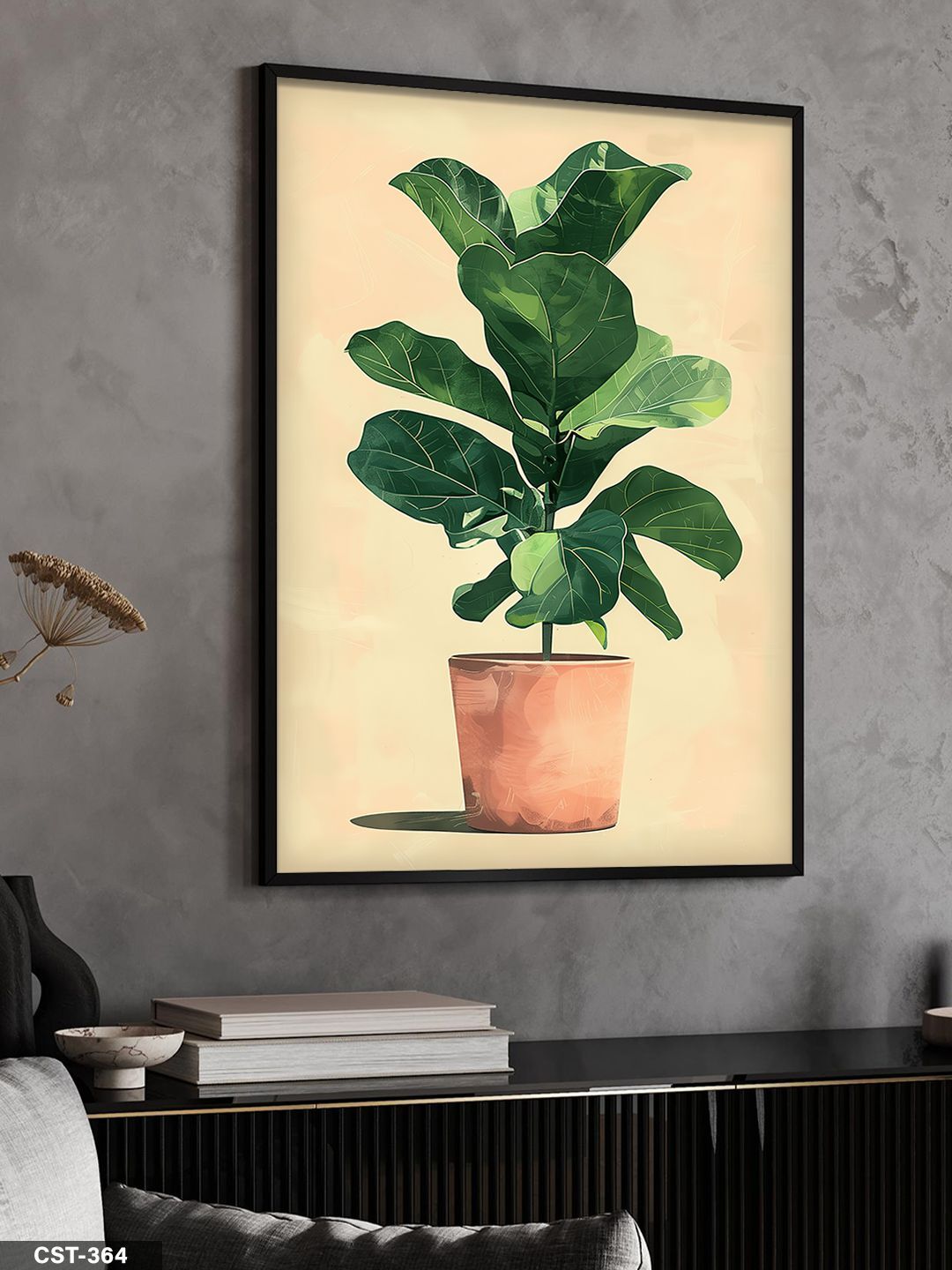 Saksıda Bitki Tek Parça Ahşap Çerçeveli Tablo Siyah - 40 x 60 CM