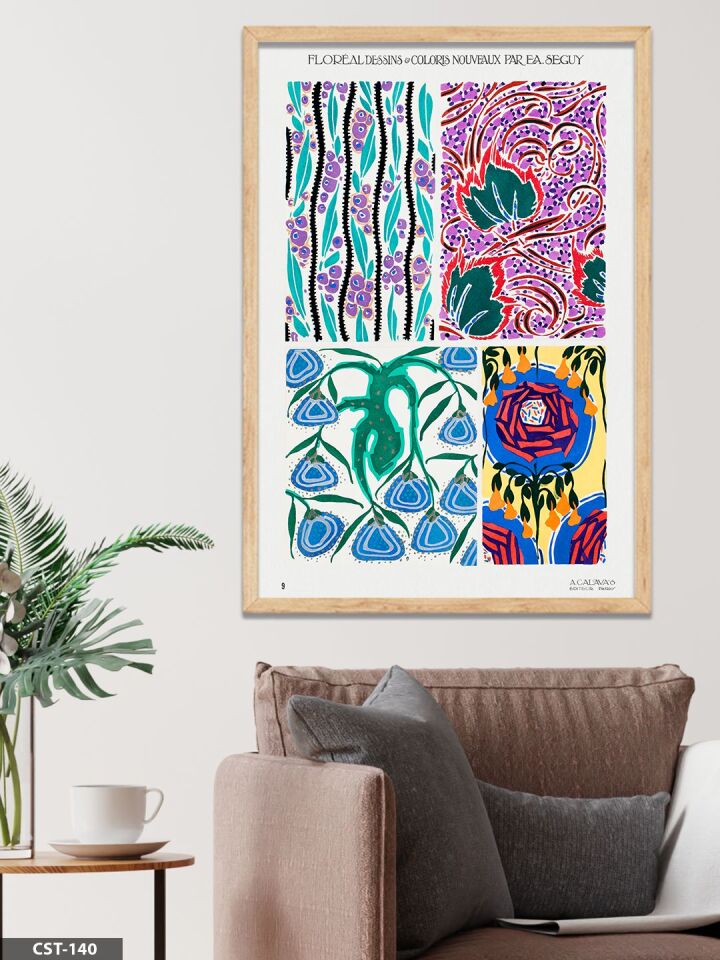 Mavi-mor Çiçek illüstrasyon Tek Parça Ahşap Çerçeveli Tablo Naturel - 50 x 70 CM