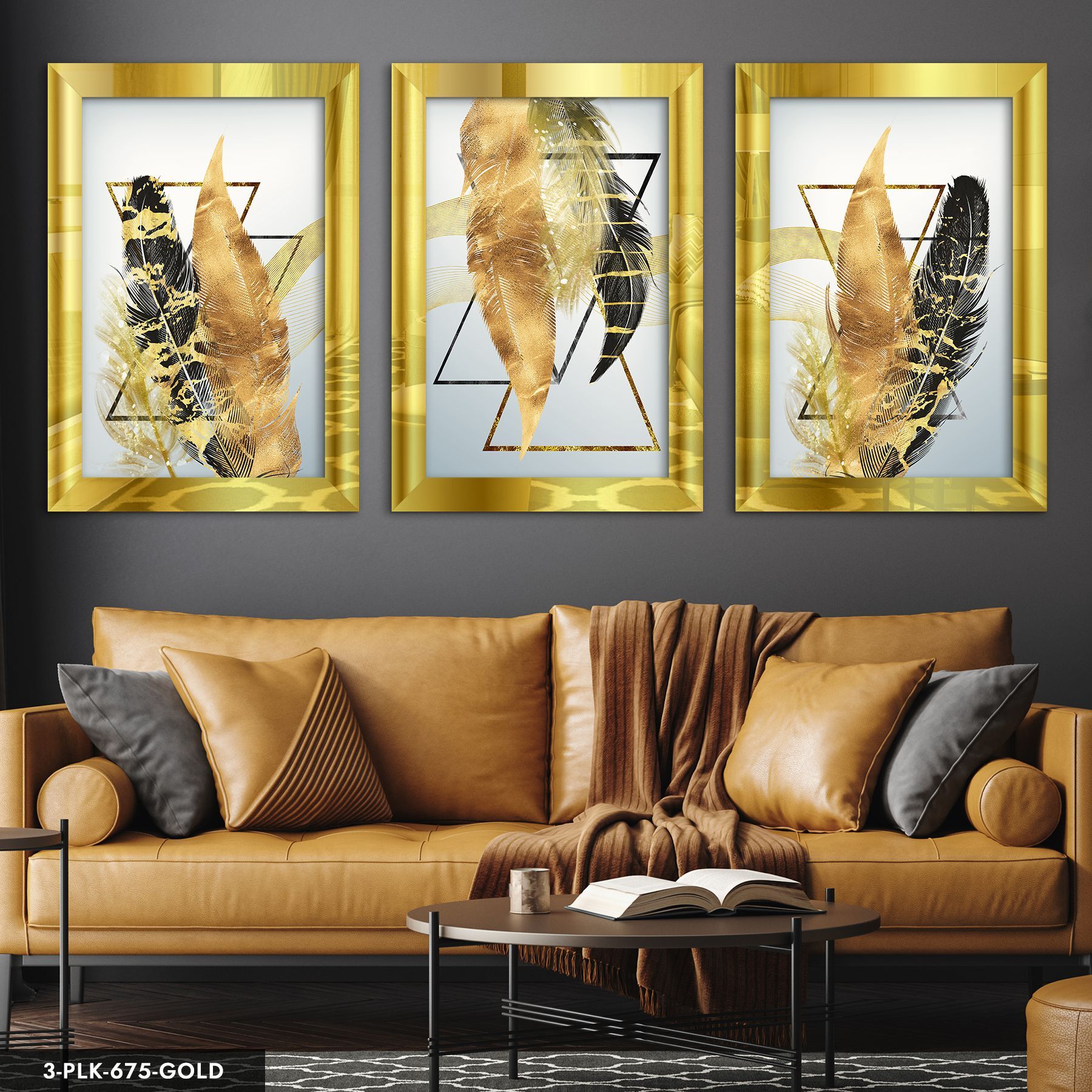 Üçgen ve Renkli Tüyler 3 Parça Pleksi Aynalı Tablo 30 x 40 CM - Gold