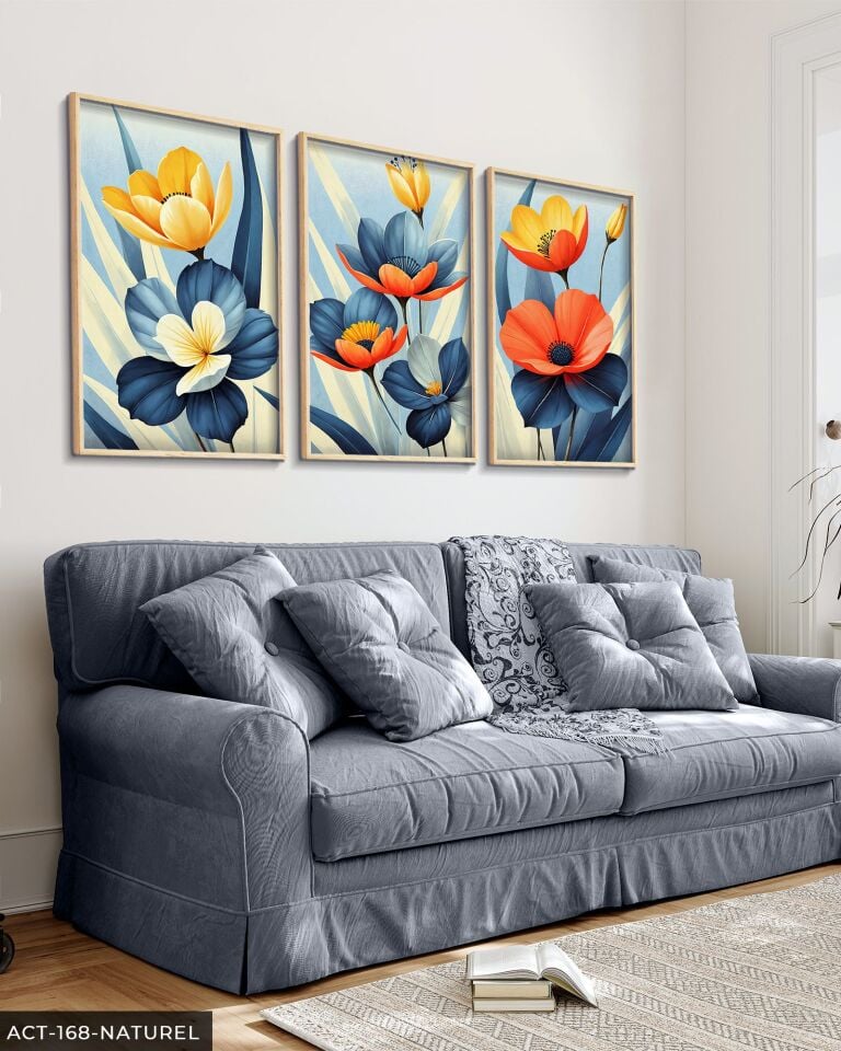 Renkli Çiçekler Temalı 3 Parça Ahşap Çerçeveli Tablo ACT Naturel - 20 x 30 CM