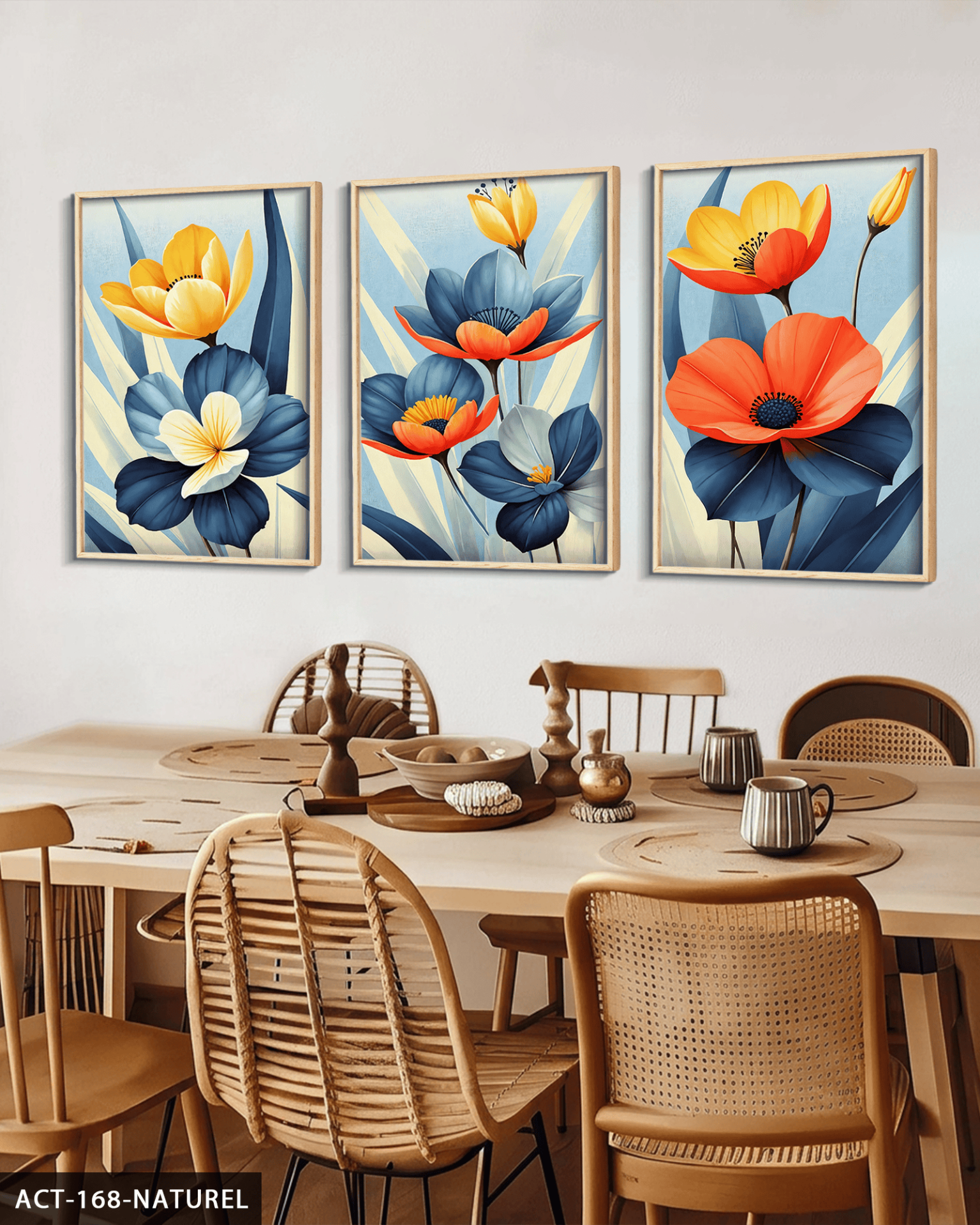Renkli Çiçekler Temalı 3 Parça Ahşap Çerçeveli Tablo ACT Naturel - 20 x 30 CM
