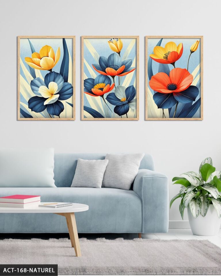 Renkli Çiçekler Temalı 3 Parça Ahşap Çerçeveli Tablo ACT Naturel - 20 x 30 CM