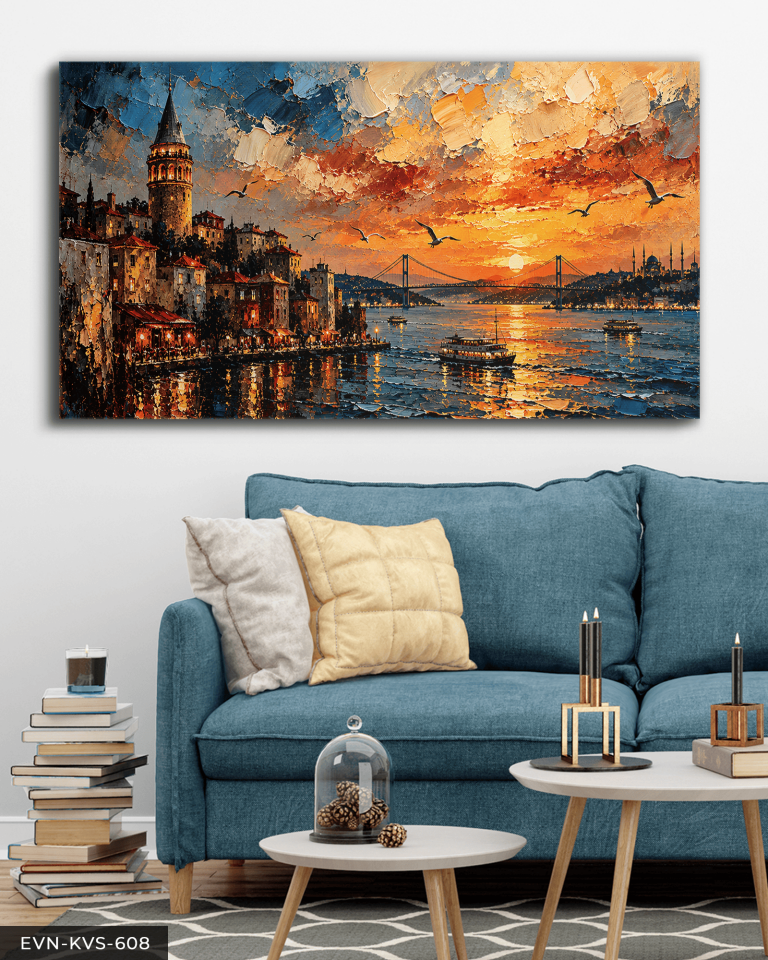 Yağlı Boya Görünümlü Galata Kulesi Tek Parça Kanvas - Canvas Tablo