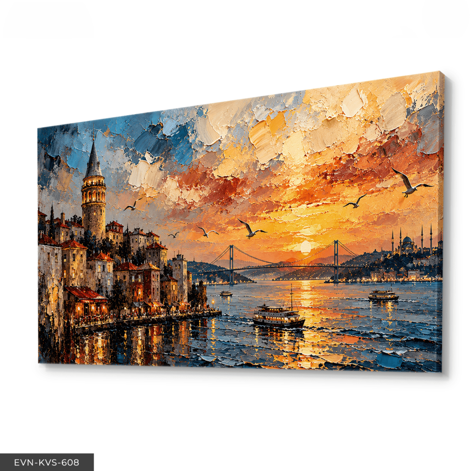 Yağlı Boya Görünümlü Galata Kulesi Tek Parça Kanvas - Canvas Tablo