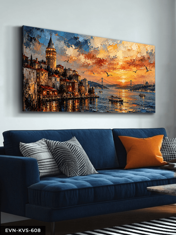 Yağlı Boya Görünümlü Galata Kulesi Tek Parça Kanvas - Canvas Tablo