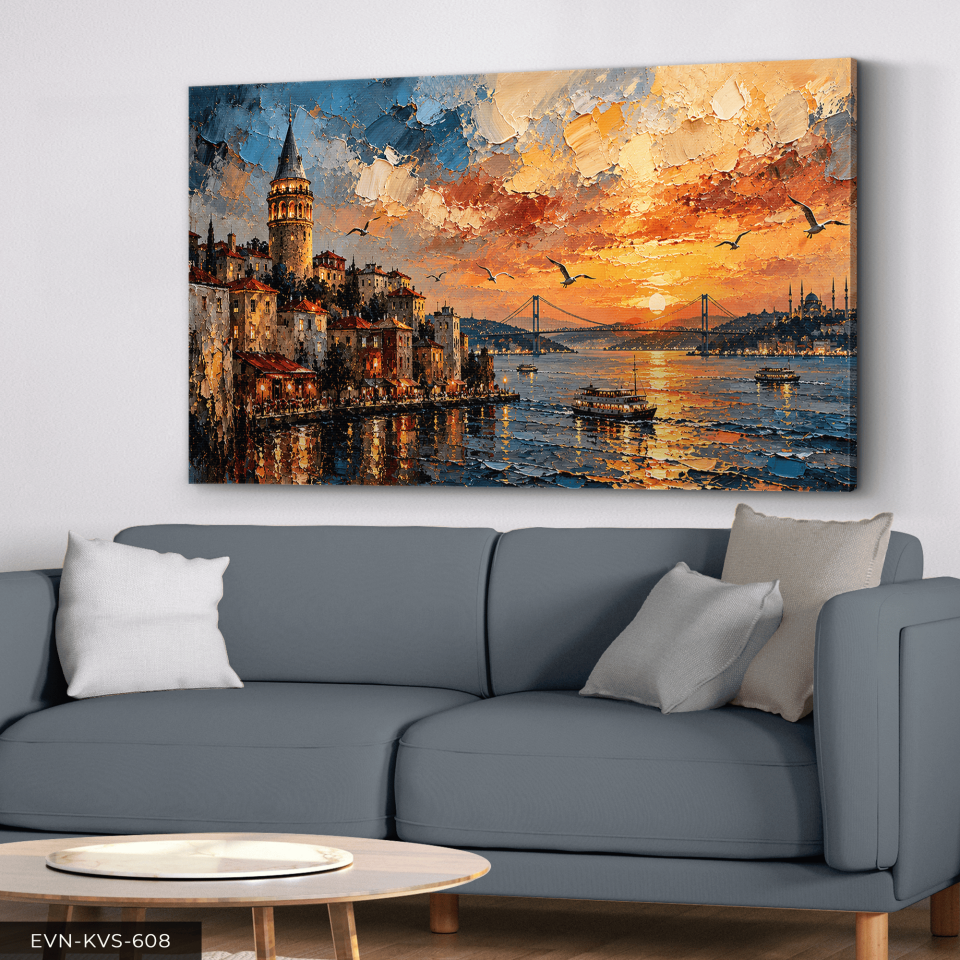 Yağlı Boya Görünümlü Galata Kulesi Tek Parça Kanvas - Canvas Tablo