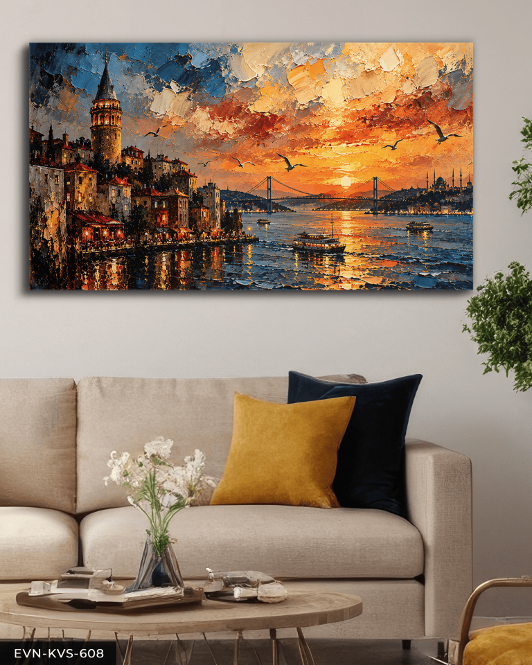 Yağlı Boya Görünümlü Galata Kulesi Tek Parça Kanvas - Canvas Tablo
