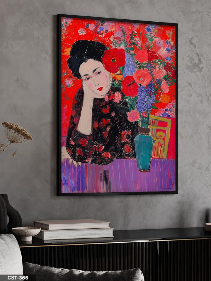 Kırmızı Güller ve Kadın Tek Parça Ahşap Çerçeveli Tablo Siyah - 40 x 60 CM