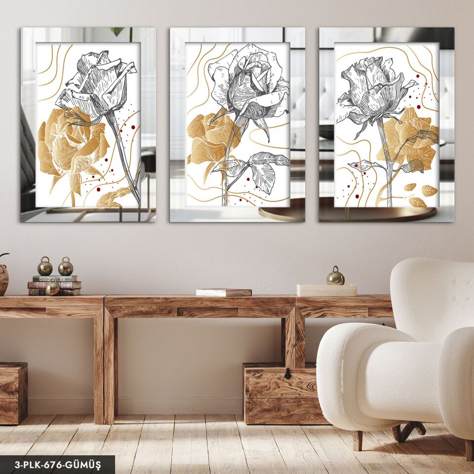 Çizgisel Gül 3 Parça Pleksi Aynalı Tablo 30 x 40 CM - Gümüş