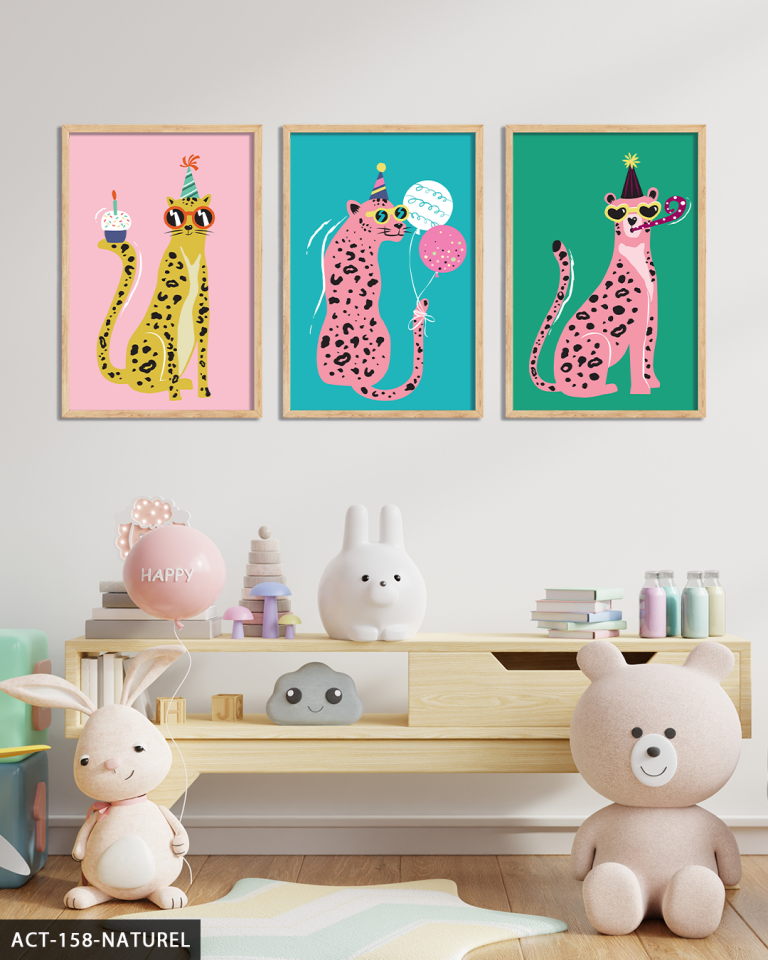 Eğlenceli Parti Leoparları 3 Parça Ahşap Çerçeveli Tablo ACT Naturel - 50 x 70 CM