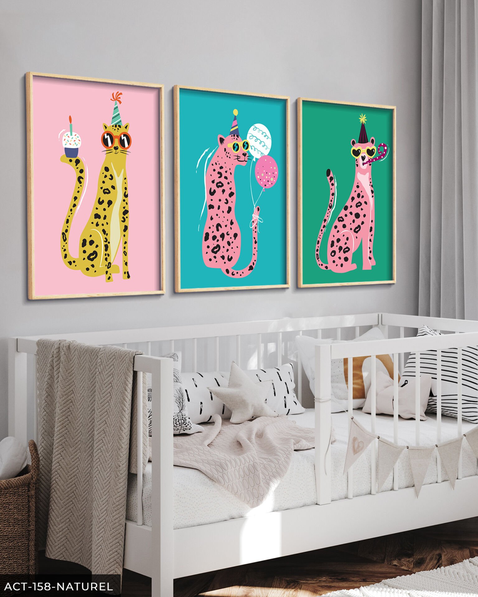 Eğlenceli Parti Leoparları 3 Parça Ahşap Çerçeveli Tablo ACT Naturel - 50 x 70 CM