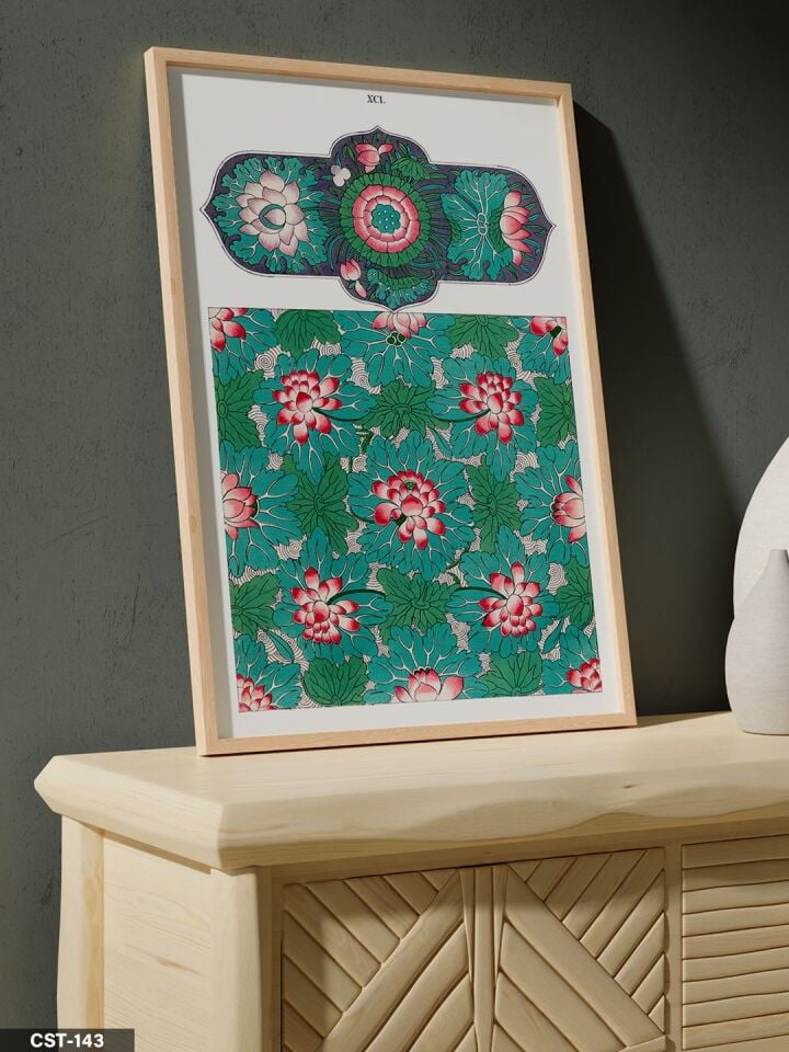 Yeşil Fonlu Çiçek Desen Tek Parça Ahşap Çerçeveli Tablo Naturel - 50 x 70 CM