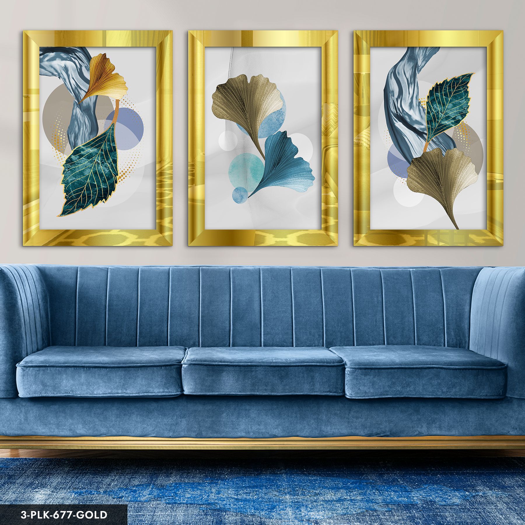 Dalgalı Çizgiler ve Renkli Yapraklar 3 Parça Pleksi Aynalı Tablo 30 x 40 CM - Gold