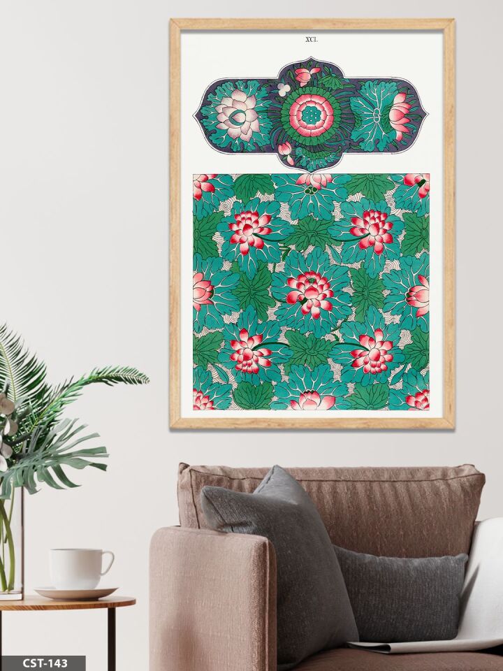 Yeşil Fonlu Çiçek Desen Tek Parça Ahşap Çerçeveli Tablo Naturel - 50 x 70 CM