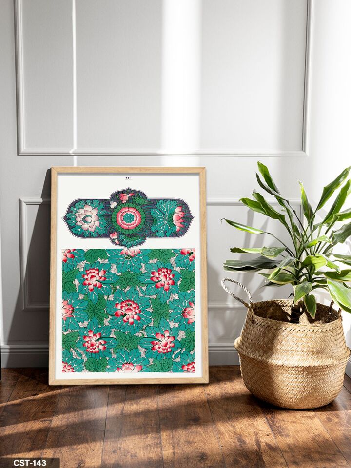 Yeşil Fonlu Çiçek Desen Tek Parça Ahşap Çerçeveli Tablo Naturel - 50 x 70 CM