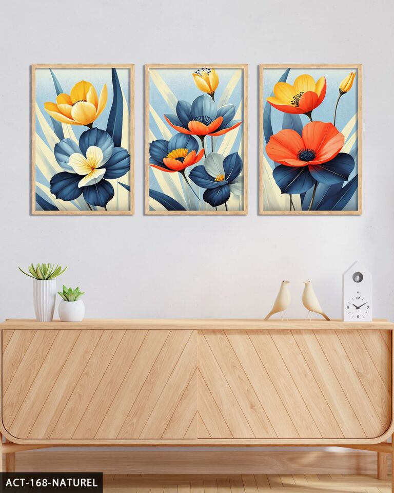 Renkli Çiçekler Temalı 3 Parça Ahşap Çerçeveli Tablo ACT Naturel - 40 x 60 CM