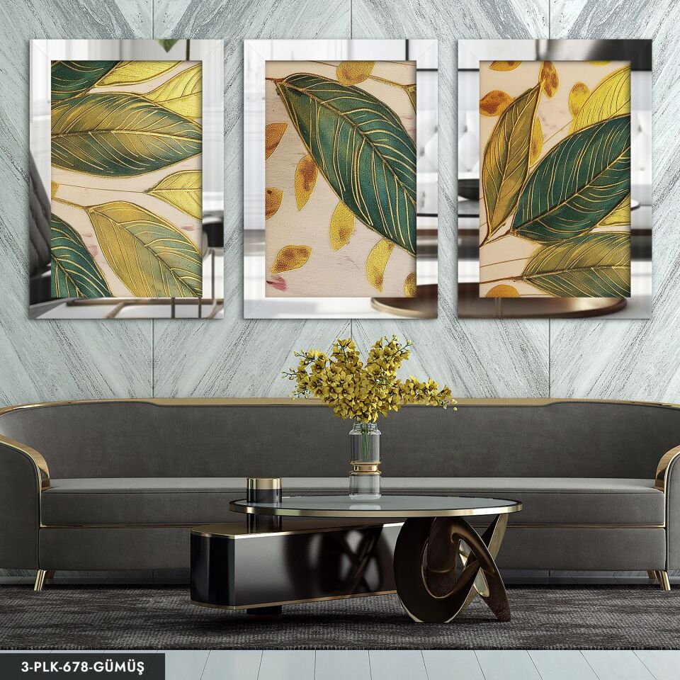 Gold Çizgili Yeşil Yaprak 3 Parça Pleksi Aynalı Tablo 30 x 40 CM - Gümüş