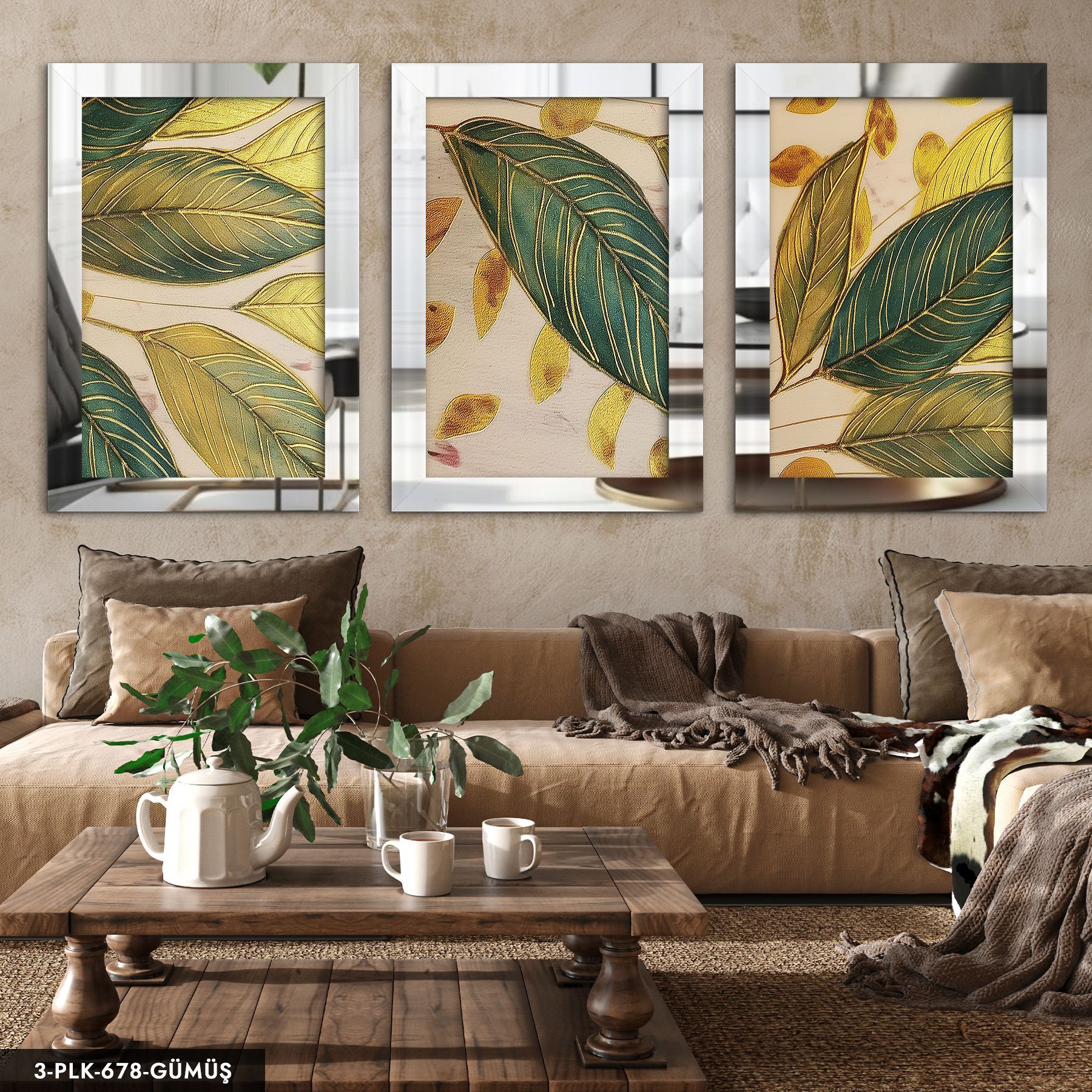 Gold Çizgili Yeşil Yaprak 3 Parça Pleksi Aynalı Tablo 30 x 40 CM - Gümüş
