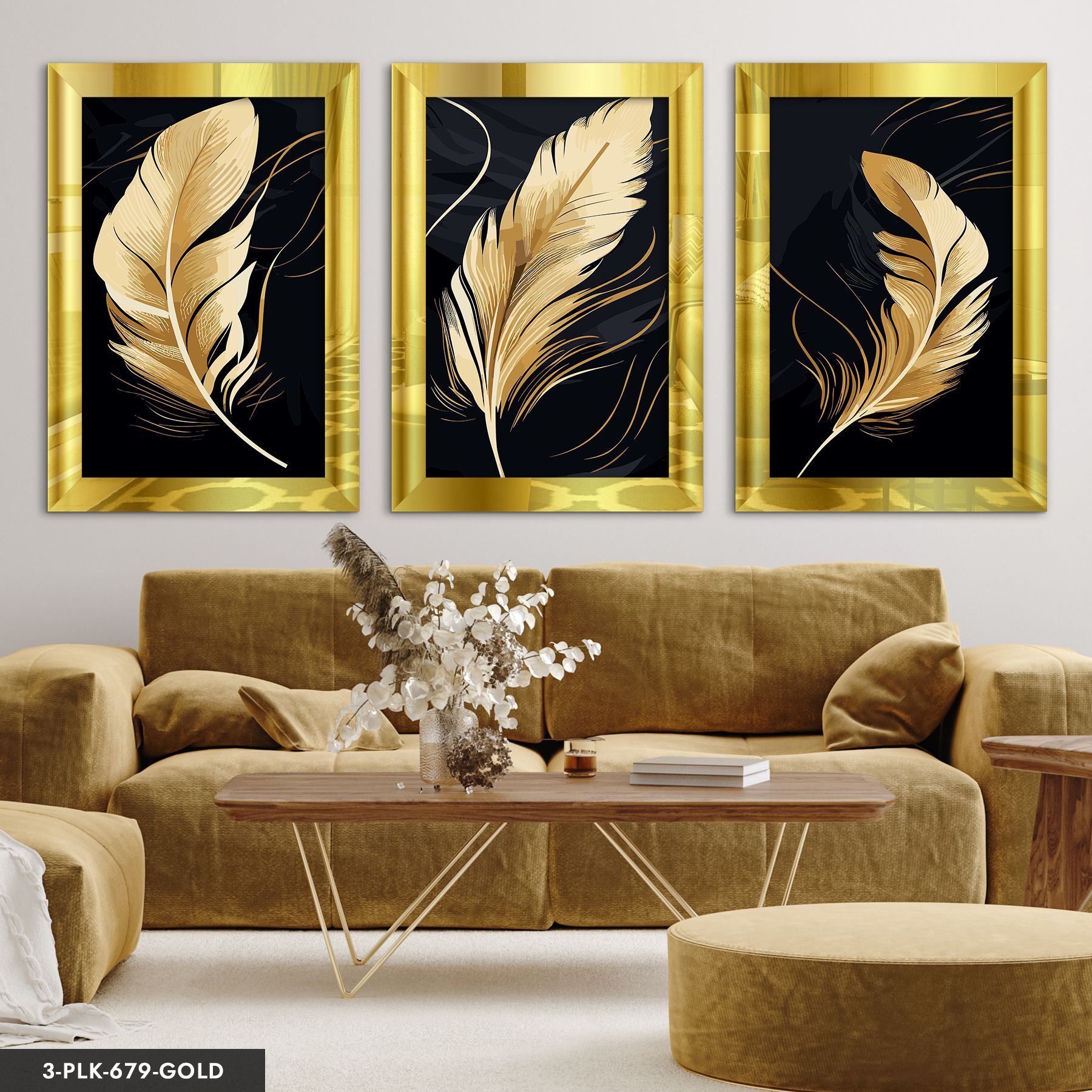 Gold Tüyler 3 Parça Pleksi Aynalı Tablo 30 x 40 CM - Gold