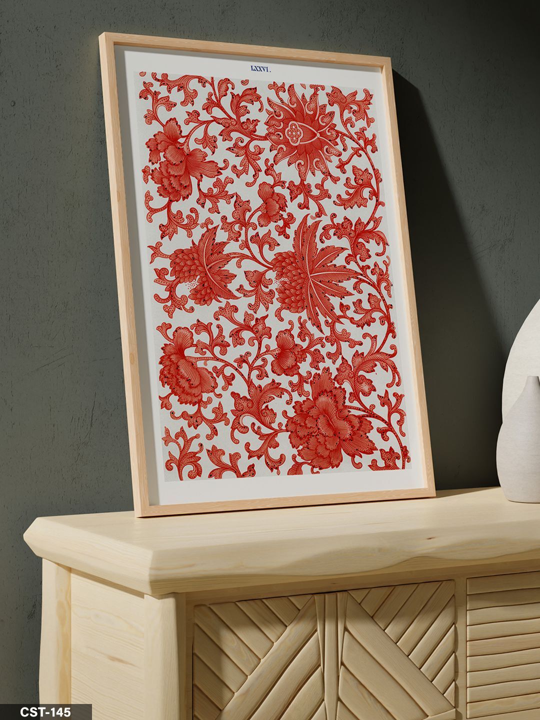 Kırmızı Beyaz Desenli Tek Parça Ahşap Çerçeveli Tablo Naturel - 50 x 70 CM