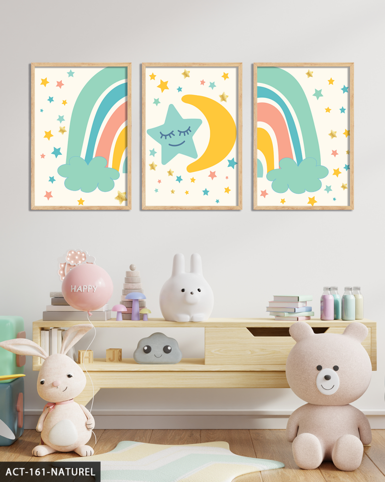 Renkli Yıldızlar ve Gökkuşağı 3 Parça Ahşap Çerçeveli Tablo ACT Naturel - 50 x 70 CM
