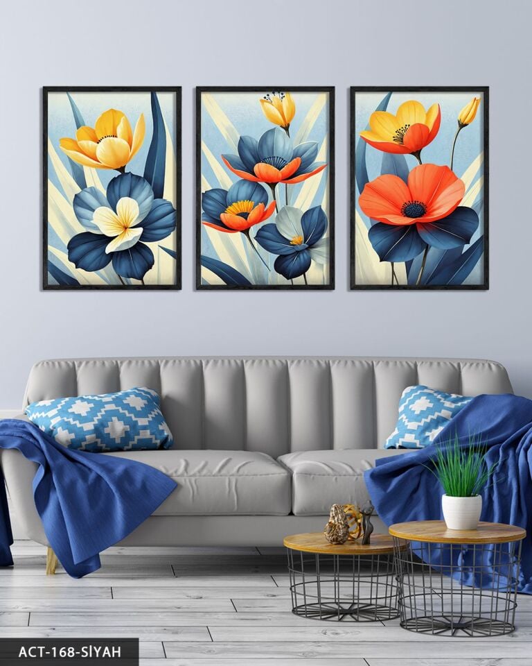 Renkli Çiçekler Temalı 3 Parça Ahşap Çerçeveli Tablo ACT Siyah - 20 x 30 CM