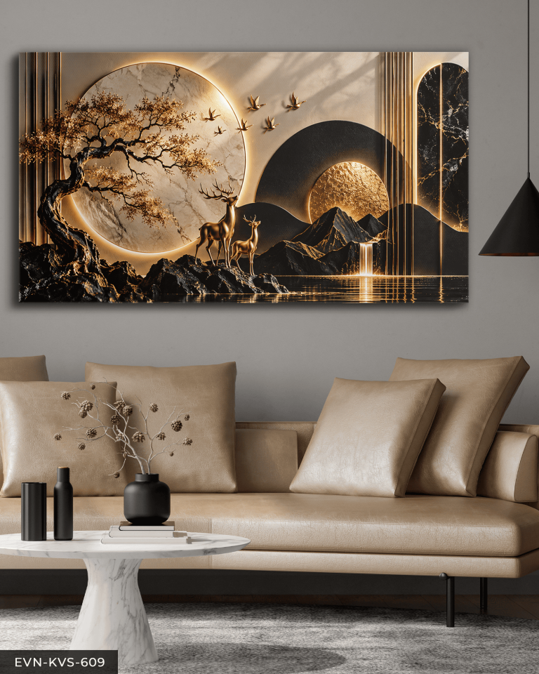 Yuvarlak Desenler ve Gold Geyik Tek Parça Işıksız Kanvas - Canvas Tablo