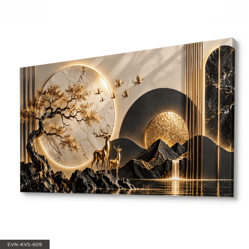 Yuvarlak Desenler ve Gold Geyik Tek Parça Işıksız Kanvas - Canvas Tablo