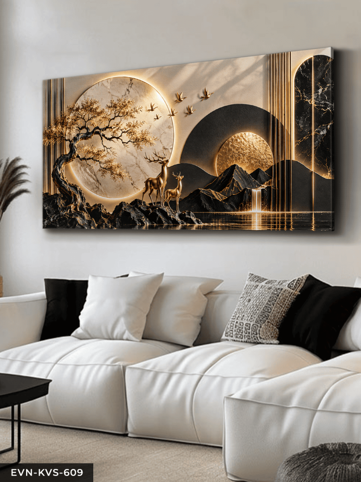 Yuvarlak Desenler ve Gold Geyik Tek Parça Işıksız Kanvas - Canvas Tablo