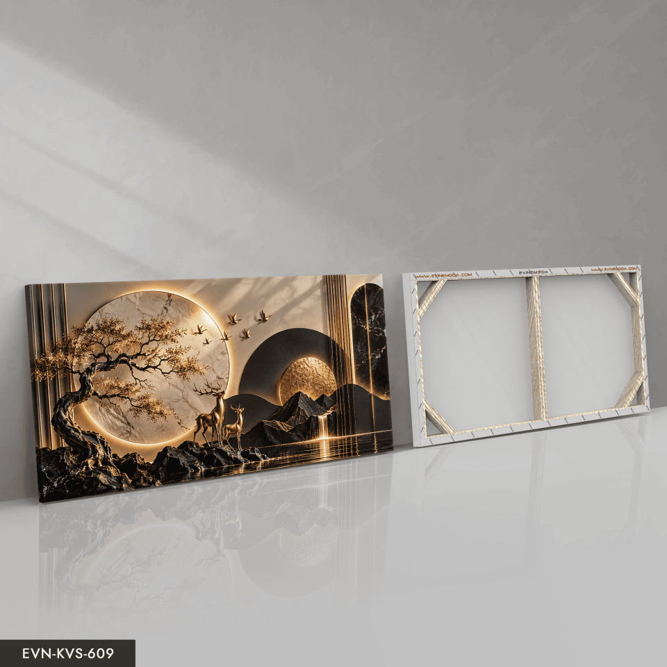 Yuvarlak Desenler ve Gold Geyik Tek Parça Işıksız Kanvas - Canvas Tablo