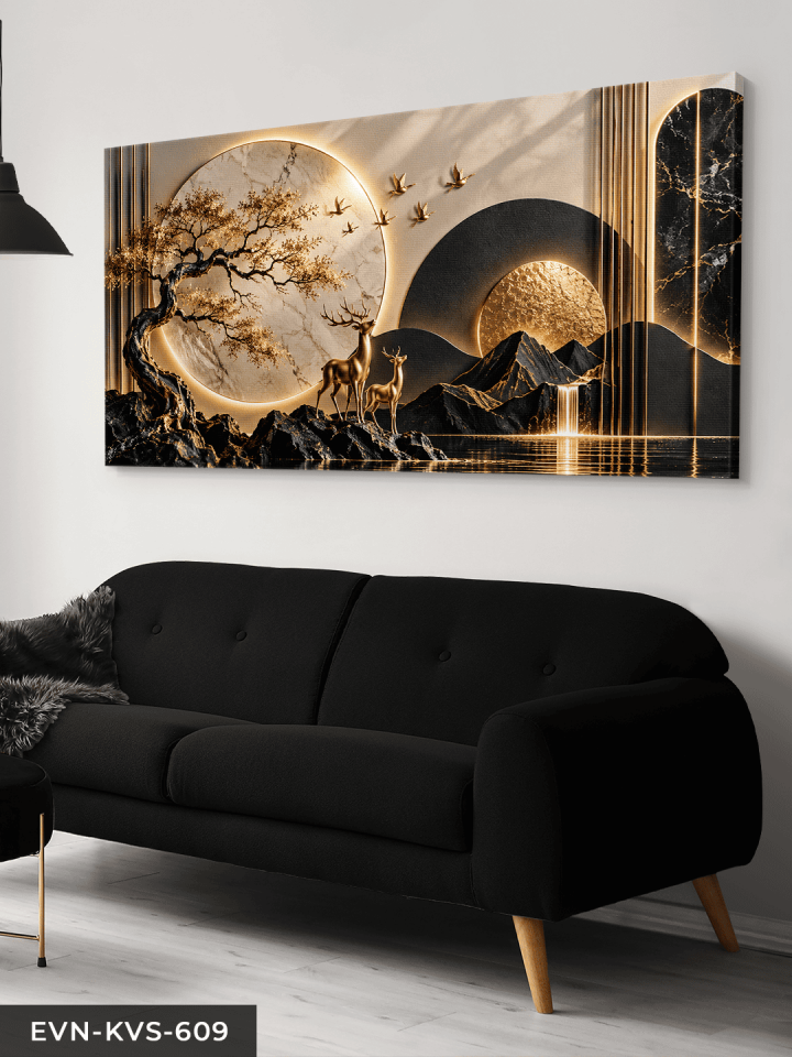 Yuvarlak Desenler ve Gold Geyik Tek Parça Işıksız Kanvas - Canvas Tablo