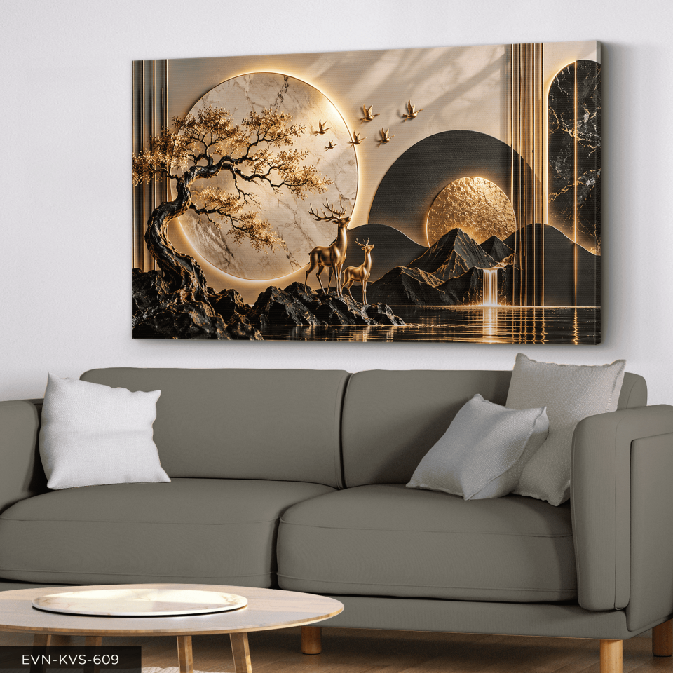 Yuvarlak Desenler ve Gold Geyik Tek Parça Işıksız Kanvas - Canvas Tablo
