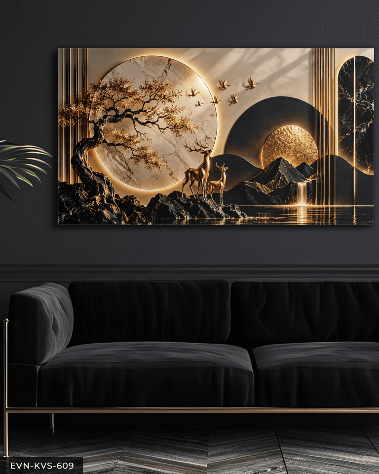 Yuvarlak Desenler ve Gold Geyik Tek Parça Işıksız Kanvas - Canvas Tablo