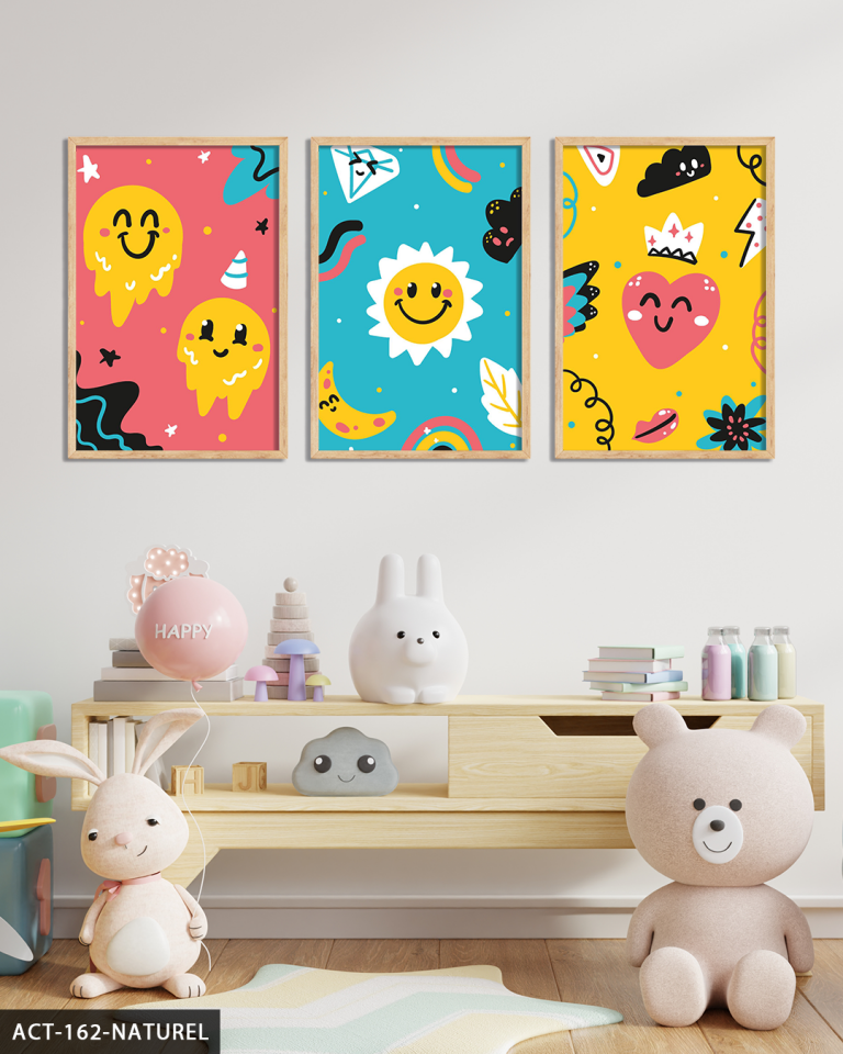 Renkli Çizgifilm Karakterleri 3 Parça Ahşap Çerçeveli Tablo ACT Naturel - 50 x 70 CM