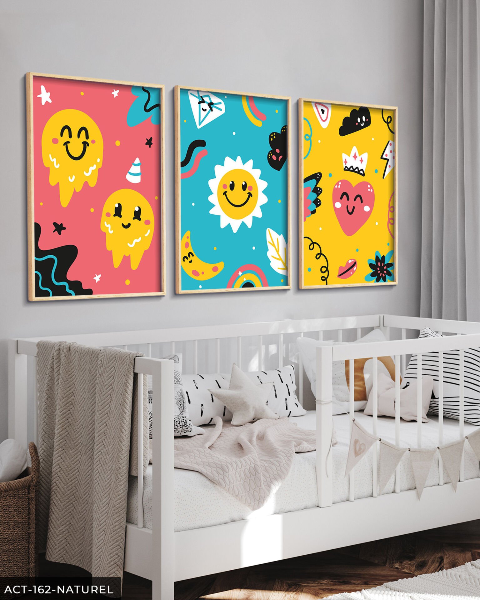 Renkli Çizgifilm Karakterleri 3 Parça Ahşap Çerçeveli Tablo ACT Naturel - 50 x 70 CM