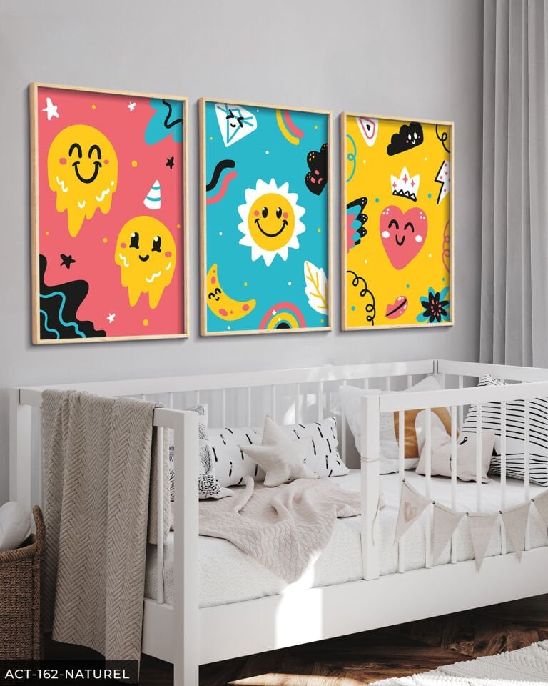 Renkli Çizgifilm Karakterleri 3 Parça Ahşap Çerçeveli Tablo ACT Naturel - 50 x 70 CM