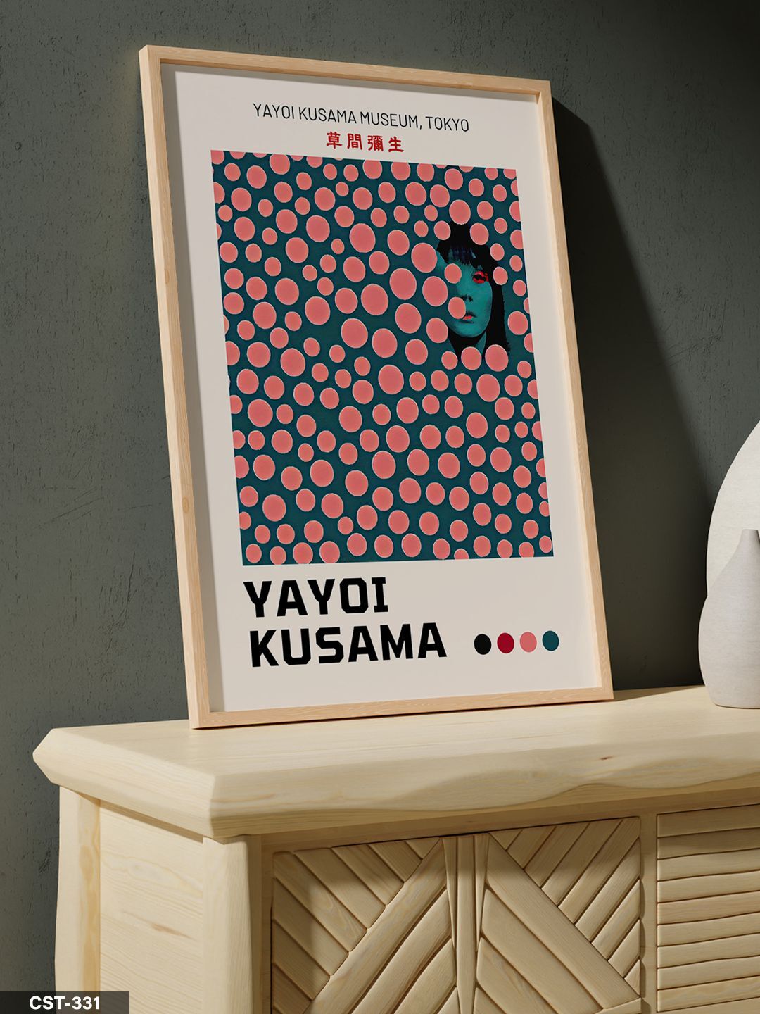 Yayoi Kusama Pembe Benekli Portre Tek Parça Ahşap Çerçeveli Tablo Naturel - 30 x 40 CM