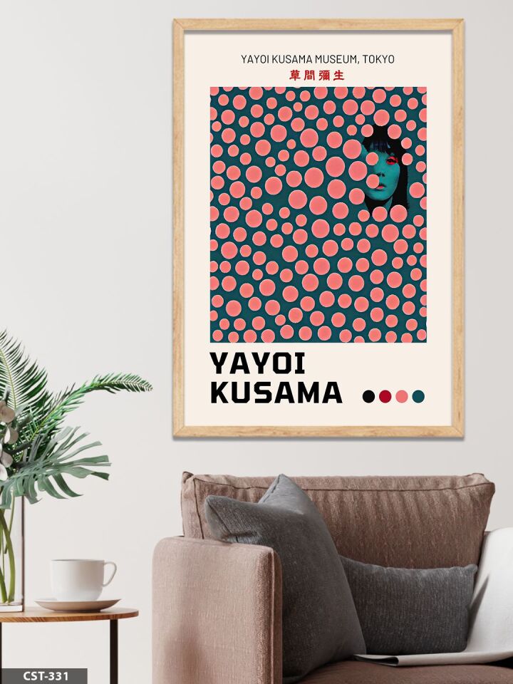 Yayoi Kusama Pembe Benekli Portre Tek Parça Ahşap Çerçeveli Tablo Naturel - 30 x 40 CM