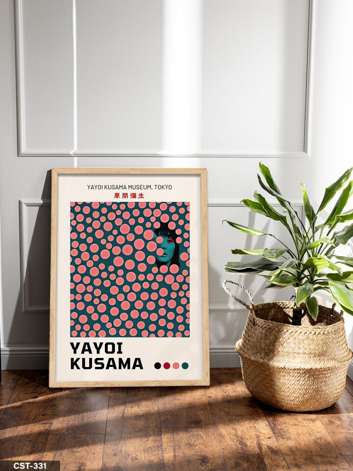 Yayoi Kusama Pembe Benekli Portre Tek Parça Ahşap Çerçeveli Tablo Naturel - 30 x 40 CM