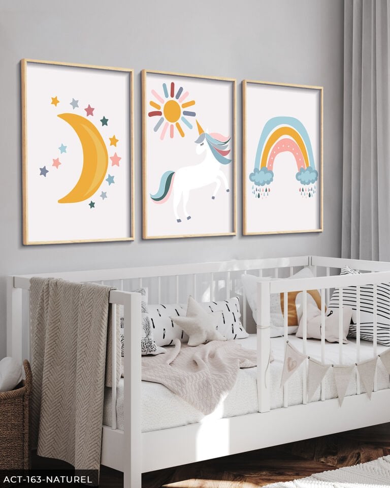 Minimalist Unicorn 3 Parça Ahşap Çerçeveli Tablo ACT Naturel - 50 x 70 CM